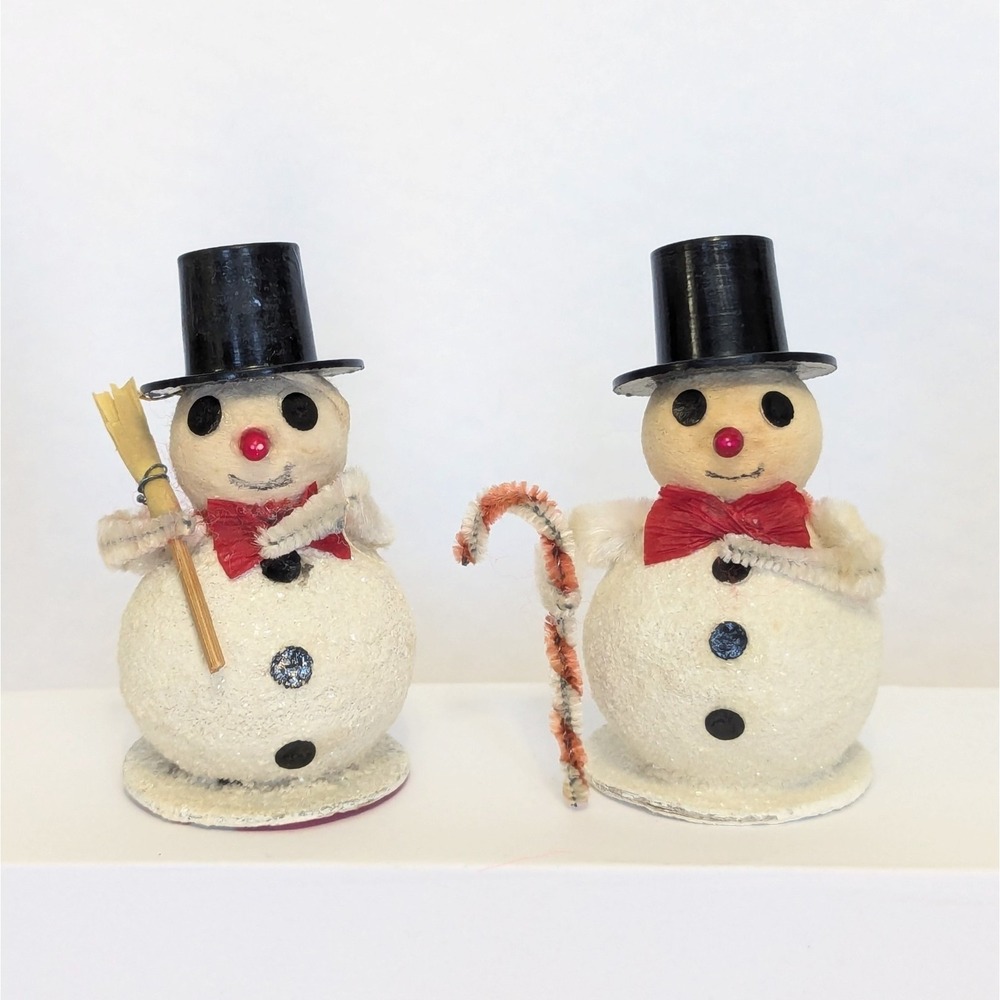 VTG Christmas Putz Mica Spun Cotton Snowman Set Of 2 Top Hat Broom Cane Japan